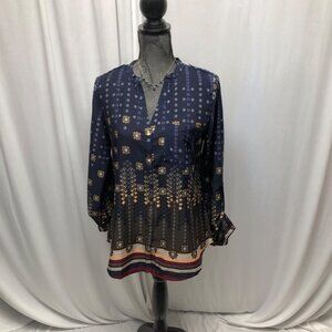 Maison Coupe Top Womens Size Medium Blue Maroon Roll Tabs Long Sleeves Tunic